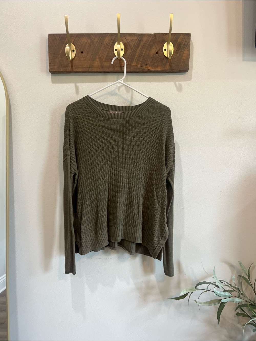 Lilla P Olive Green Waffle Knit Pullover with Orange detail on bottom both sides